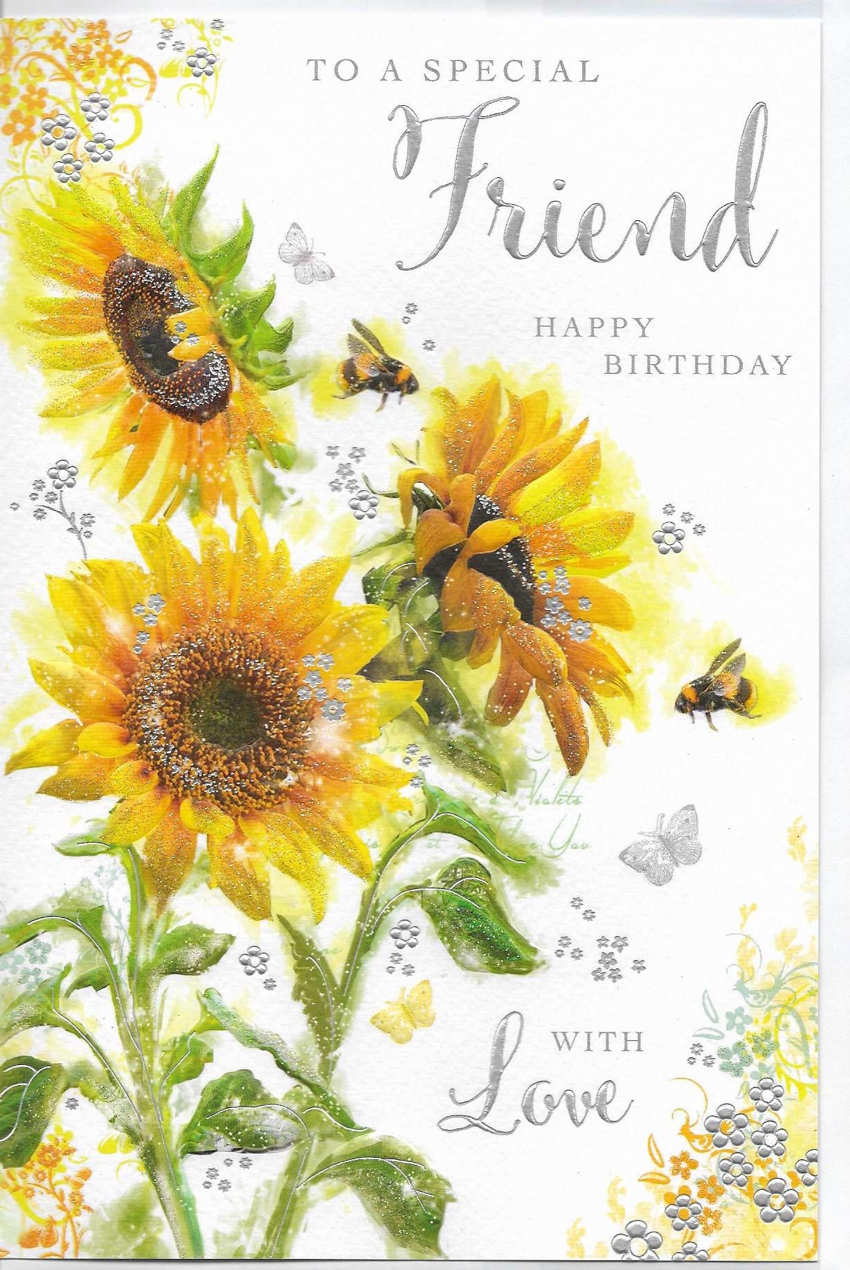 Secret garden Jonny Javelin Special Friend Birthday Card (SG09) Sunflowers & Bees Silver Embossed & Glitter Finish