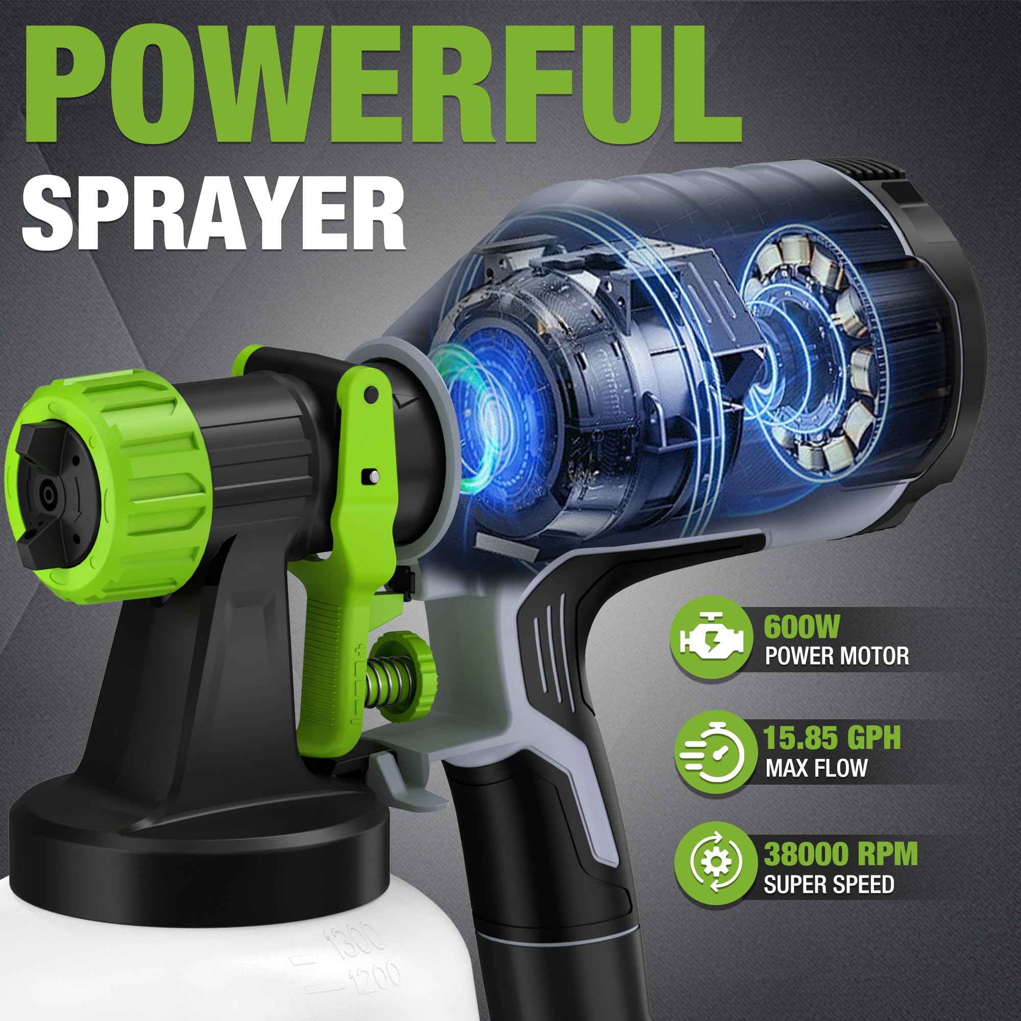 Condition photo showing New/Like New for workpro paint sprayer, 600w hvlp spray paint gun with 4 nozzles, 3 spray patterns & adjustable flow,