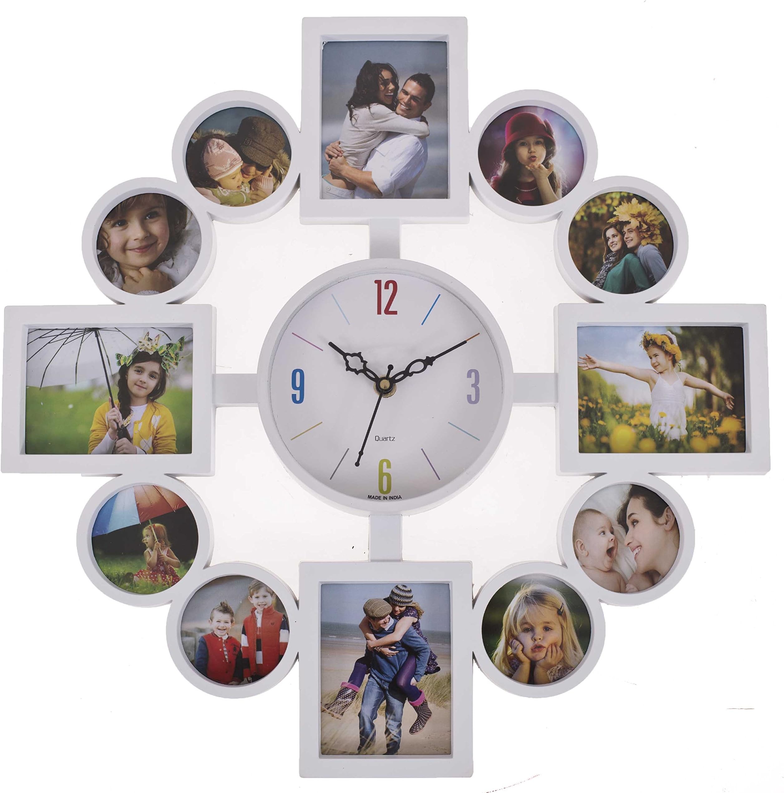 Smera 40.5 x 40.5 cm Plastic and Glass Analog Wall Clock with 12 Photo Frame for Home and Office (White Color)