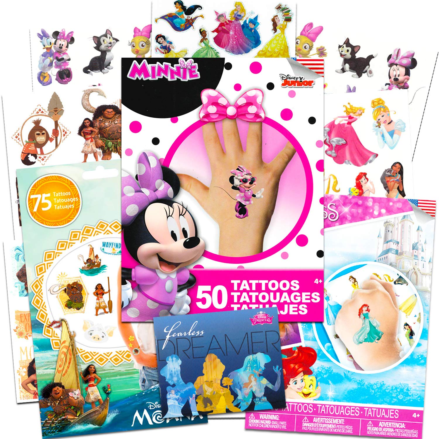 Disney Tattoos Party Favor Set For Girls -- Over 175 Temporary Tattoos Featuring Minnie Mouse, Disney Princess and Moana with Bonus Disney Princess Stickers (20 Disney Temporary Tattoo Sheets)