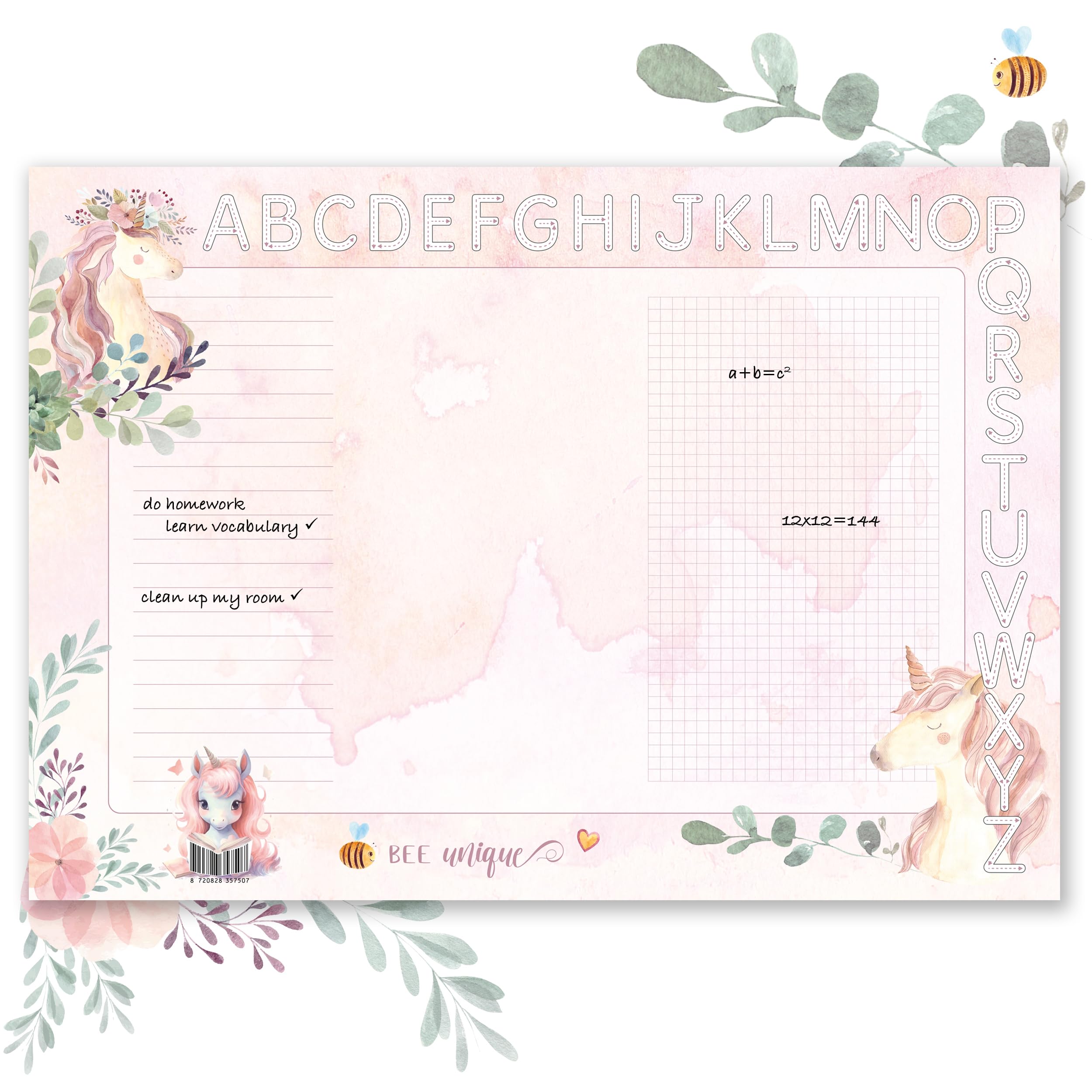 TOBJA DIN A3 Desk Pad for Girls - Cute Unicorn Design, Thick 90 g/m² Paper, with ABC Strip for Colouring - Perfect for School | Desk Pad Paper 25 Sheets