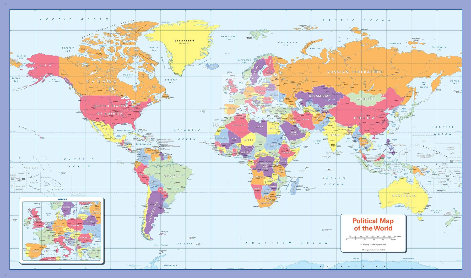 Colour blind friendly Political Wall Map of the World - 40.25" x 23.5" Laminated
