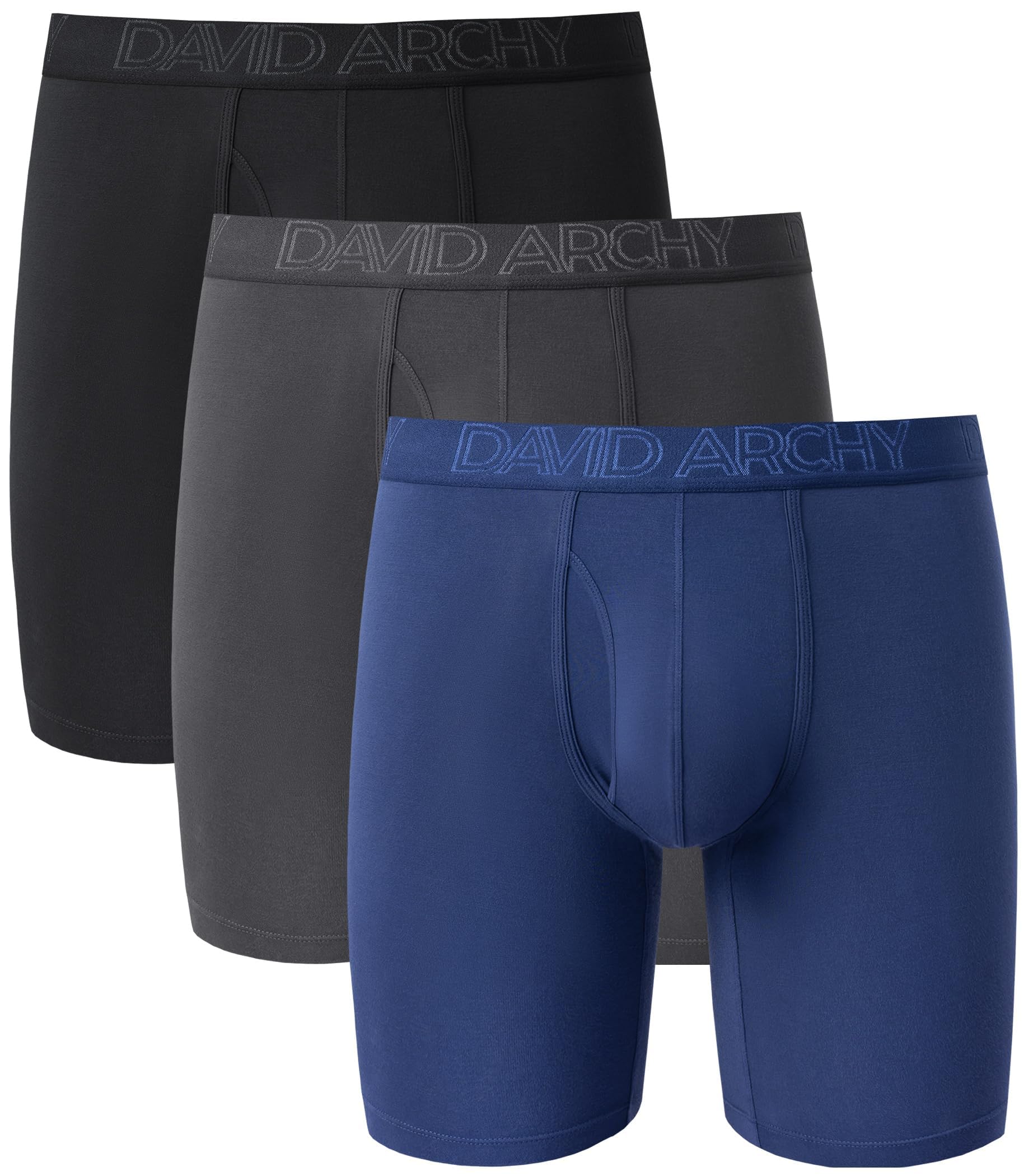 Photo 1 of DAVID ARCHY Mens Underwear Boxer Briefs Breathable Soft Moisture-Wicking with Fly Underwear Long Leg 8" for Men 3 Pack (L, Black/Dark Gray/Navy Blue - 8" in 3 Pack)