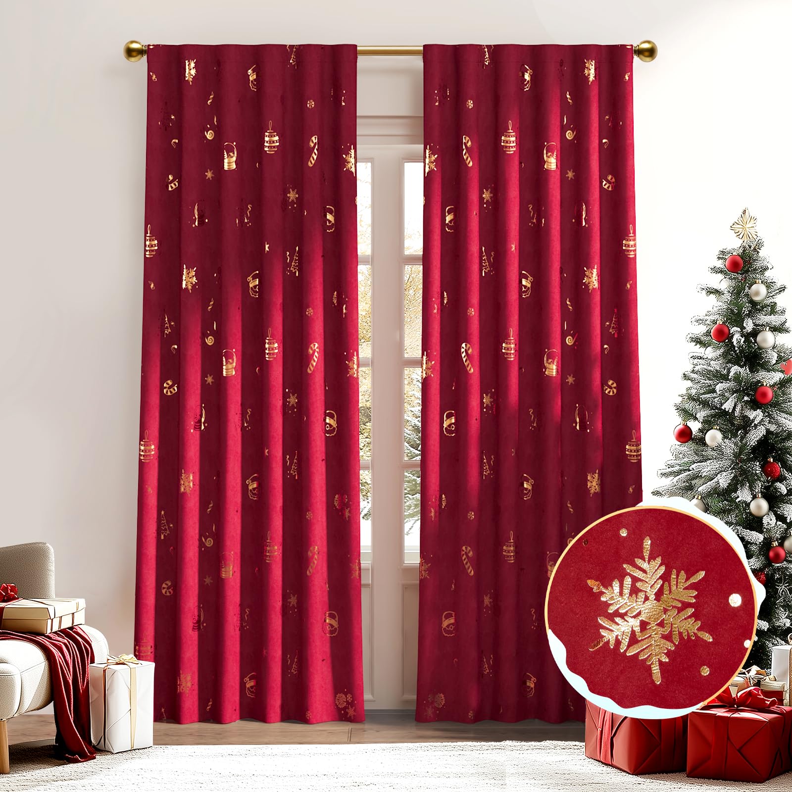 Photo 1 of Lazzzy Red Blackout Velvet Curtain 90 Inch Length Thermal Insulated Drapes Gold Foil Print for Bedroom Living Room Darkening Window Treatments Back Tab Living Room Curtains, 2 Panels