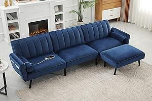 DURASPACE Velvet Sectional Convertible Sofa with Chaise, 107" L Shape Sectional Sofa Couch with USB, Split Back Folding Futon Couch for Living Room (Navy Blue)
