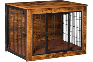 Bigrab Dog Crate Furniture with Thick Cushion, Side End Table Wooden Dog Cage with Double Doors, Chew-Resistant Dog Kennel Dog House Indoor for Small to Large Dog, M