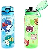 Home Tune 23oz Kids Water Drinking Bottle 2 Pack - BPA Free, Auto Push Button, Chug Lid, Carry Loop Lightweight, Spill-Proof Water Bottle with Cute Design For Girls & Boys - Dinosaur & Bear