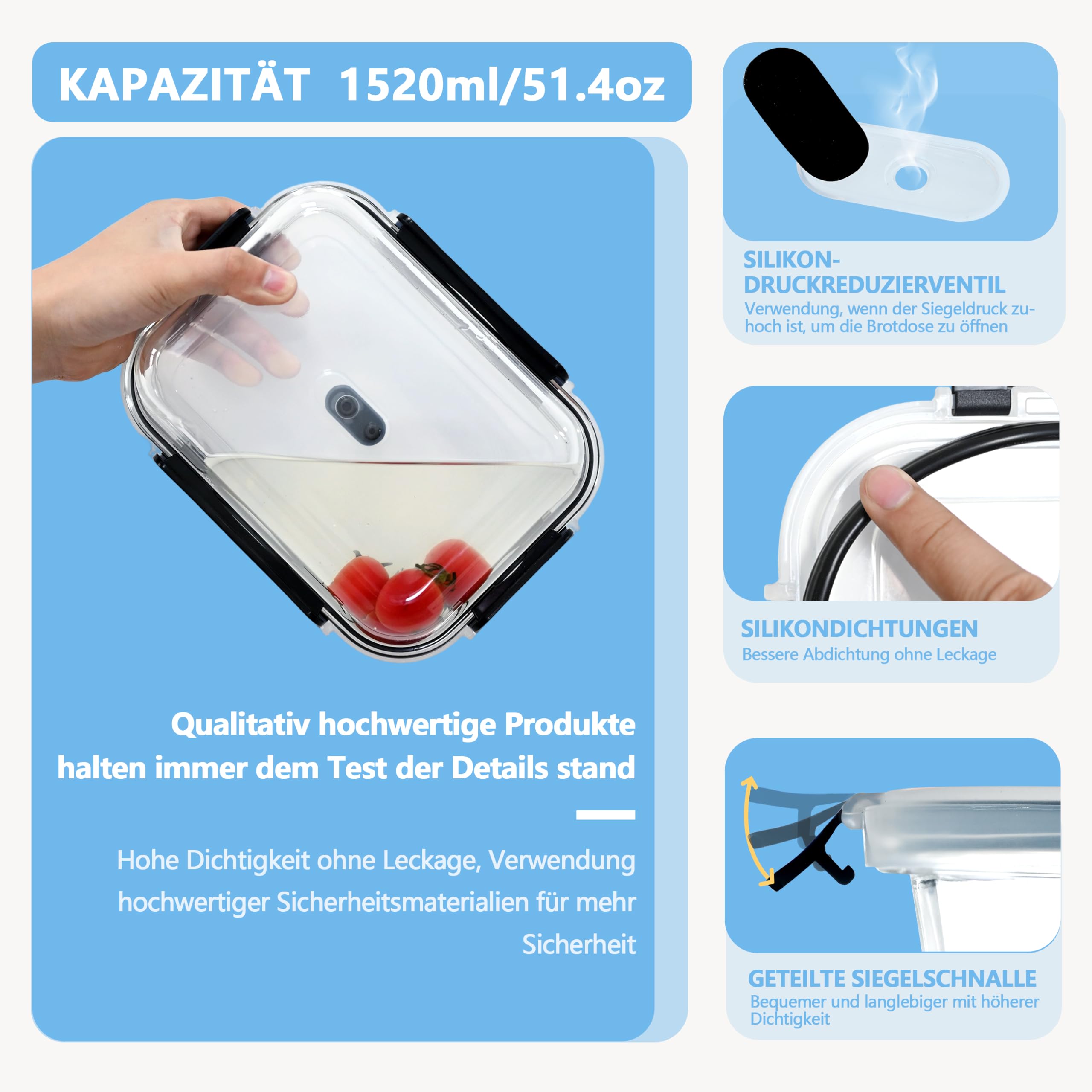 ERUIV Meal Prep Boxen Glas, [4 Behälter + 4 Deckel] Meal Prep Glas-1520ml, Frischhaltedosen Glas, Gefrierdosen Set Mit Dampfventil, Glasdose transparent Mit Deckel, BPA-freie Vorratsdose Glas 5