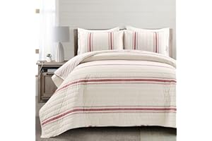 Lush Decor Farmhouse Stripe Reversible Cotton Quilt California King Size 3 Piece Set Red - Farmhouse Bedding Set - Cal King Quilt - Striped Bedding