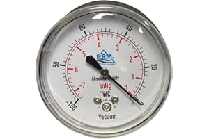 PRM Vacuum Gauge 0 to -100” WC / 0 to -7 inHg, 2.5 Inch Chrome Plated Steel Case, Brass Internals, 1/4 Inch NPT Back Mount, Dry Gauge for Air & Water Systems