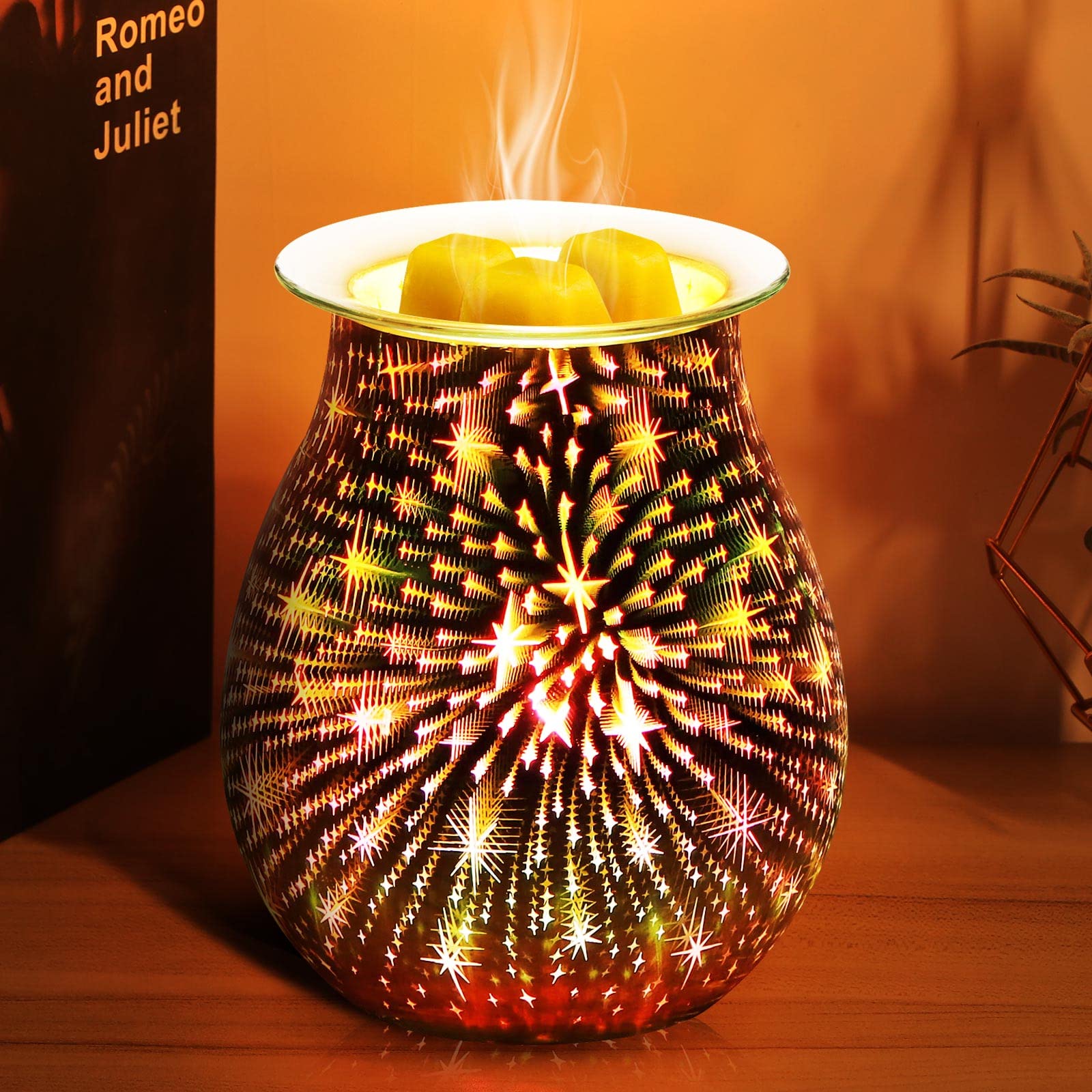 WIGUROE Electric Wax Melt Burners, Glass Fragrance Wax Melt Lamp with 3D Star Pattern, Electric Oil Wax Warmer Scented Wax Warmer for Home Office Bedroom Living Room