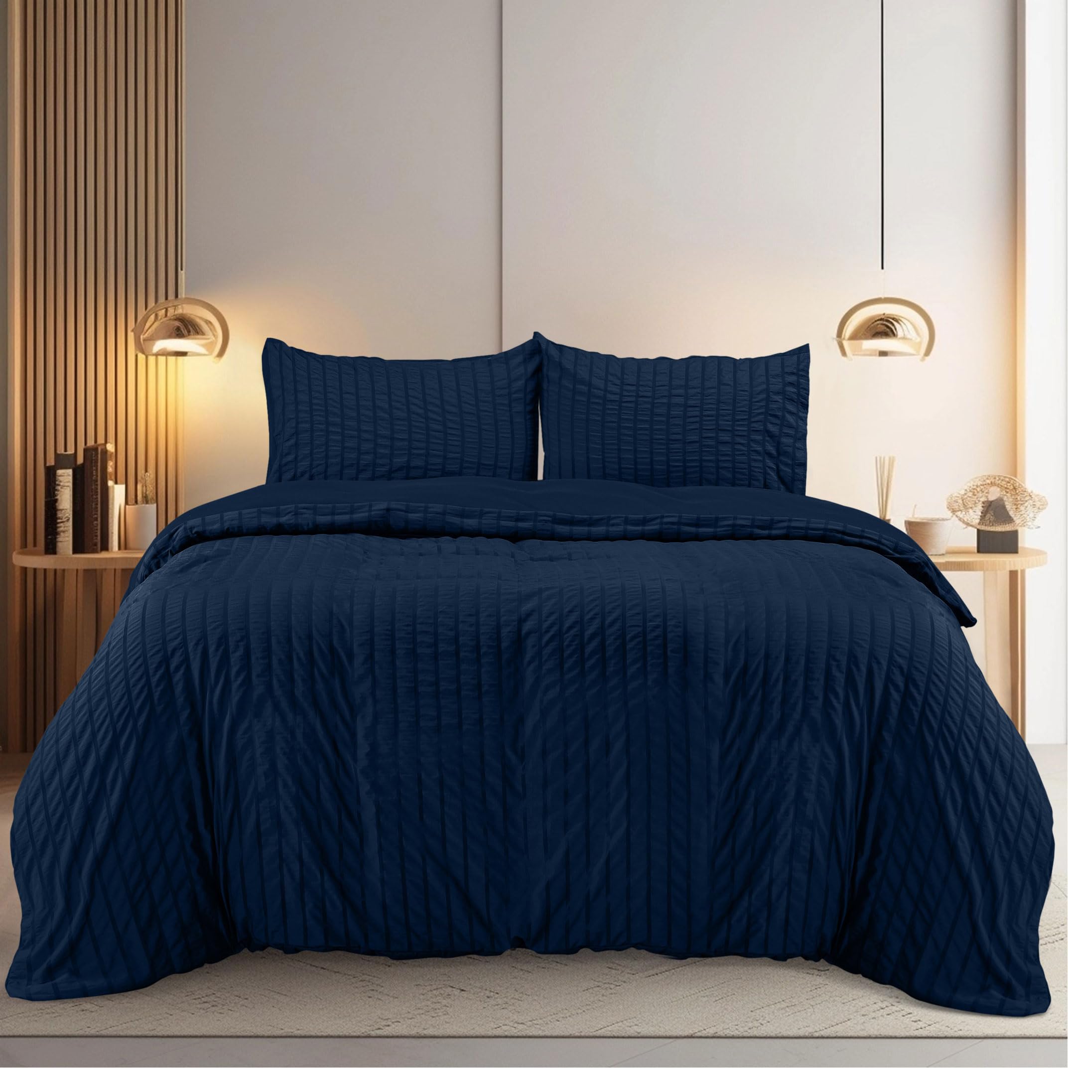 Utopia Bedding Seersucker Duvet Cover Set - Duvet Cover Double with Pillowcases - Soft Microfibre Polyester Seersucker Bedding (Navy) — image 1