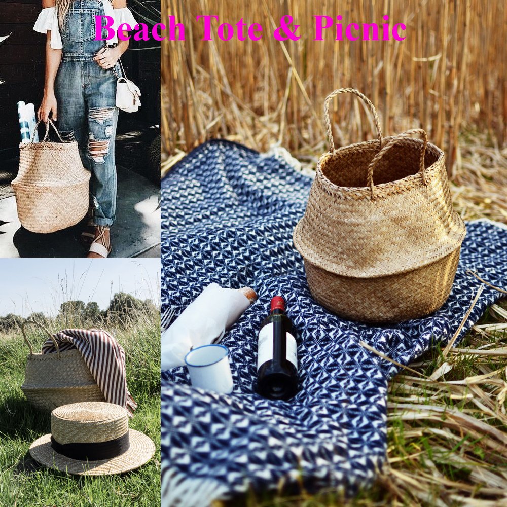 VNSea Natural Seagrass Belly Basket for Storage, Laundry, Picnic, Plant Pot Cover, and Woven Beach Bag (Medium)
