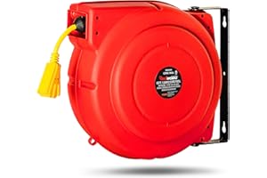 ReelWorks Extension Cord Reel Retractable 12AWG x 65' Foot 3C/SJT Heavy Duty Commercial Cable Triple Tap Connector Power 15A 125VAC 1875W