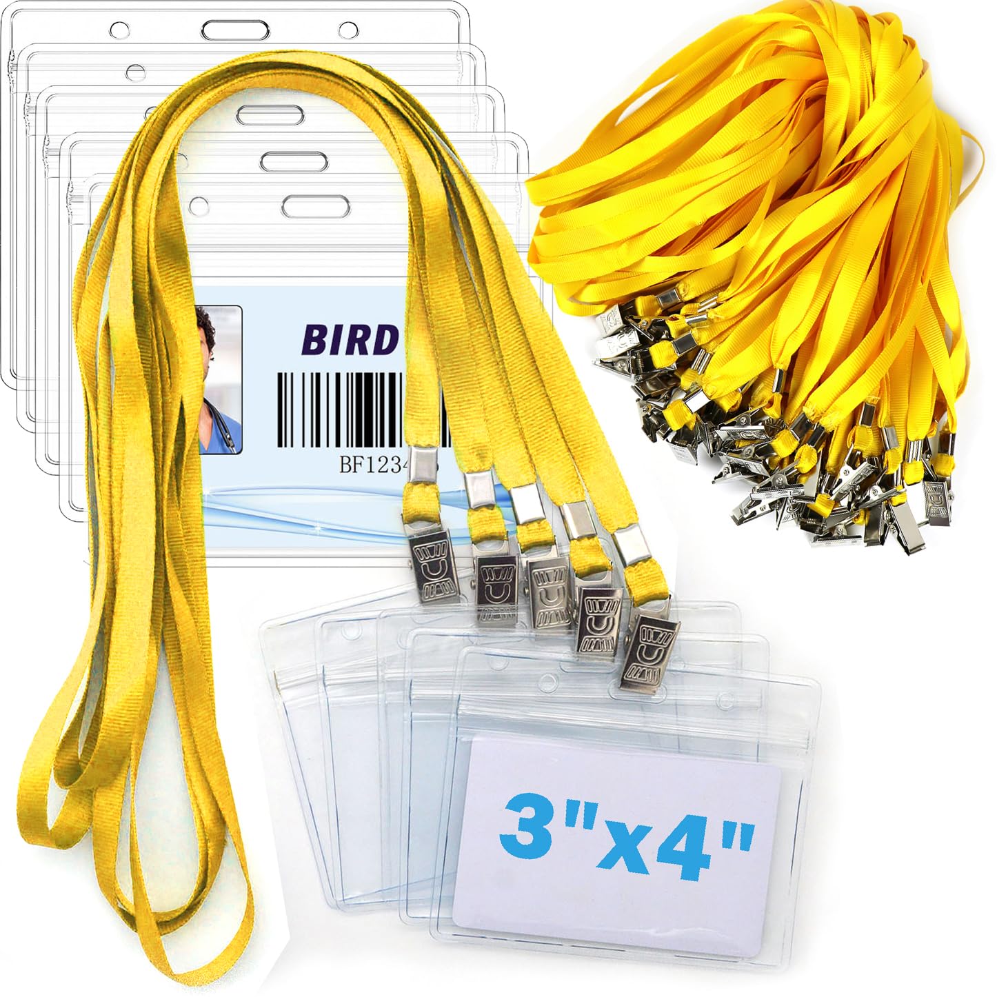 4x3 Name Tags Badge Holder with Lanyard 50 Pack Waterproof Horizontal ID Badge Holder and 50 Pcs Lanyards Nametag for Conferences, Events, and Meetings (Yellow, 4 X 3 inches)