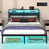 J.Fkne Queen Bed Frame with LED Lights & Charging Station, Metal Platform Bed Frame with 2 Tier Storage Headboard, Under Bed Storage, No Box Spring Needed, Noise Free, Easy Assembly