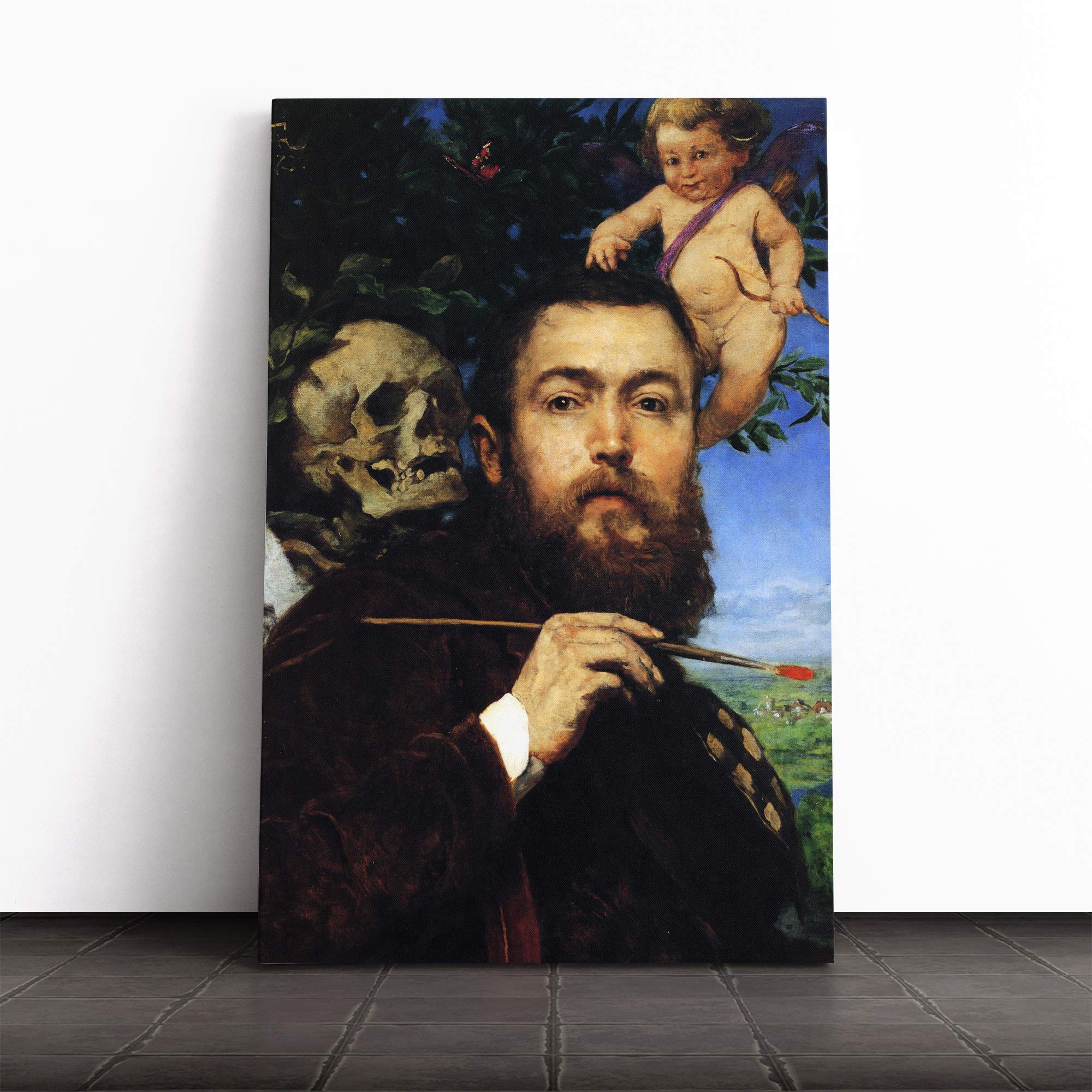 Hans Thoma Self Portrait with Love and Death Canvas Print | Gallery Wrapped 30mm Frame Wall Art | 20x14 inches | Ready to Hang | Modern People Picture | Living Room Bedroom Lounge Office