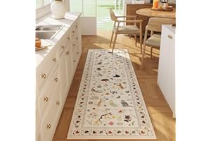 Rugcomf Runner Rug for Kitchen Non Slip 2'x6' Washable Rugs with Rubber Backing Soft Floral Animal Cat Carpet for Kitchen Laundry Bedroom Bathroom, Beige