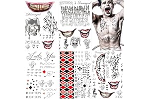 ZOMME 5 Large-size Sheets Halloween Temporary Tattoos for Joker, Halloween Fake Tattoos Stickers for Harley Quinn for Suicide Squad- Perfect for Halloween, Parties, Cosplay and Costumes (11.8 * 7.9 inch)