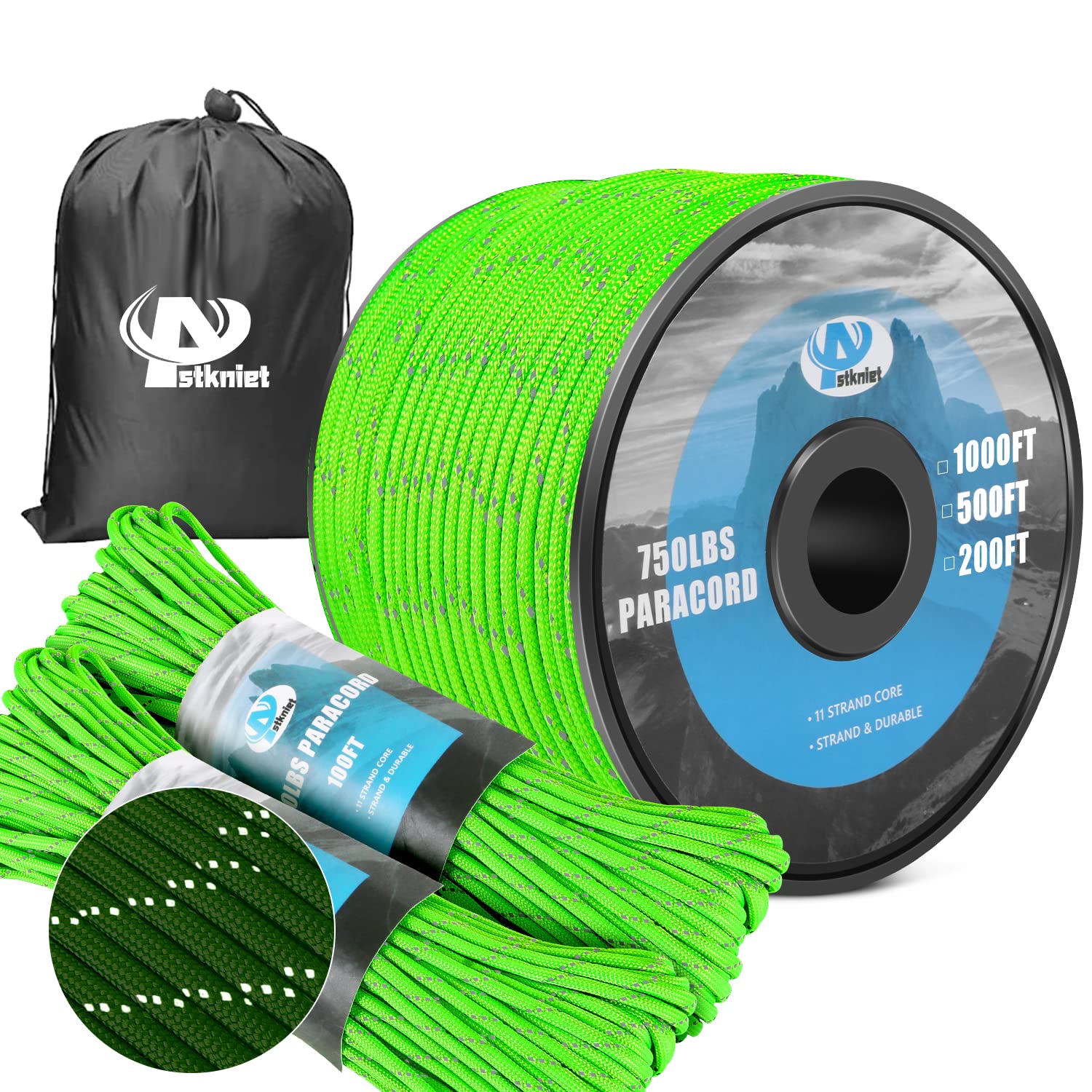 750Ib Reflective Paracord Rope,500',4mm 11 Strand