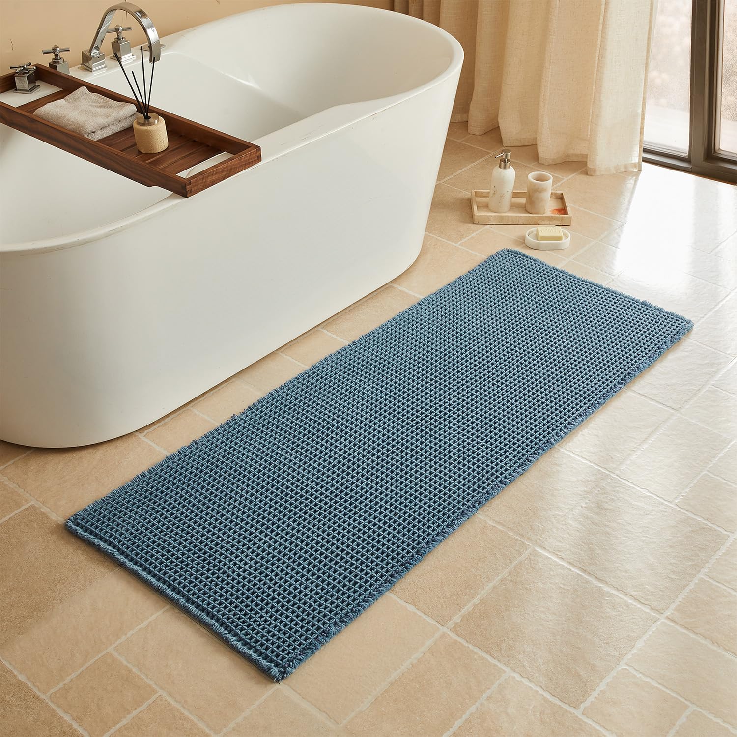Triohero Waffle Runner Bath Mat - Long Bathroom Rugs Non Slip Washable, Ultra Soft Super Absorbent Quick Dry Boho Farmhouse Bathroom Decor, 24" x 60"', Denim Blue