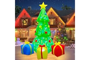 Joliyoou Christmas Yard Decorations, 5.9 FT Inflatable Lighted Christmas Tree with Rotating Projection Lamp, Jumbo Blow Up Xmas Tree with Gift Boxes Outdoor Indoor Decorations