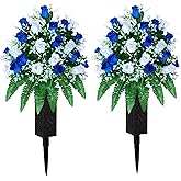 LVXINLI Artificial Cemetery Flowers, Gravesite Decoration Roses, Memorial Bouquets with Cemetery Vase, Vibrant and Long-Lasting Colors (Dark Blue+White, 2 Bundles)