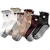 DZSoCoki Grip Socks Pilates,4/6Pairs Cotton Cute Pilates Socks for Women, Ruffle Grippy Sock for Yoga Barre Hospital 5-10in