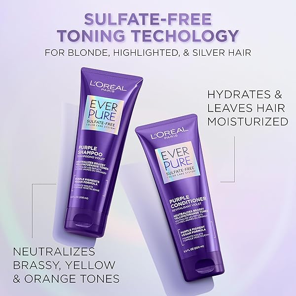 L’OREAL PARIS SULFATE FREE BRASS TONING PURPLE SHAMPOO FOR BLONDE, BLEACHED, SILVER, OR BROWN HIGHLIGHTED HAIR, EVERPURE, 6.8 FL OZ (PACKAGING MAY VARY)