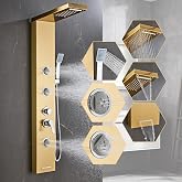 HSYLYPA Multi-Function Shower Panel Tower System 6 in1 Shower Panel Tower with Powerful Body Massage, Rainfall, Waterfall,Handheld and Tub Spout, Stainless Steel Shower Column -Brushed Gold