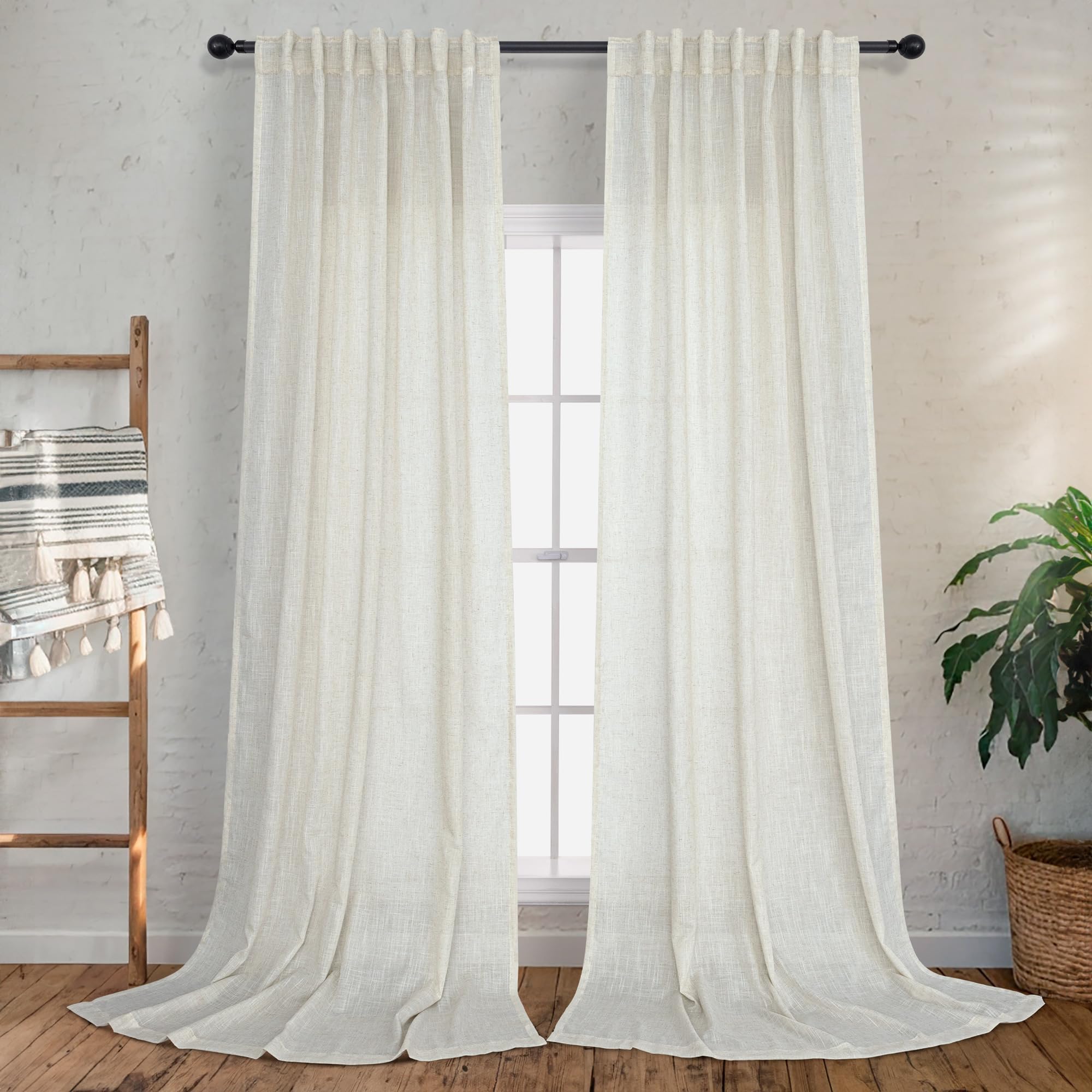 Photo 1 of 2 Panels Set Cream Linen Curtains 95 Inch Length for Living Room Extra Long Rod Pocket Back Tab Curtains Boho Farmhouse Mid Century Country Western Semi Sheer Ivory Linen Drapes Ceiling to Floor 42x95