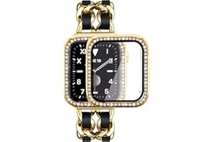 Mosonio Compatible for Apple Watch Band 42mm with Screen Protector Case Women, Jewelry Metal Chain with 2P Bling Case Cover for iWatch Series 11 10(Gold Link with Black Leather)