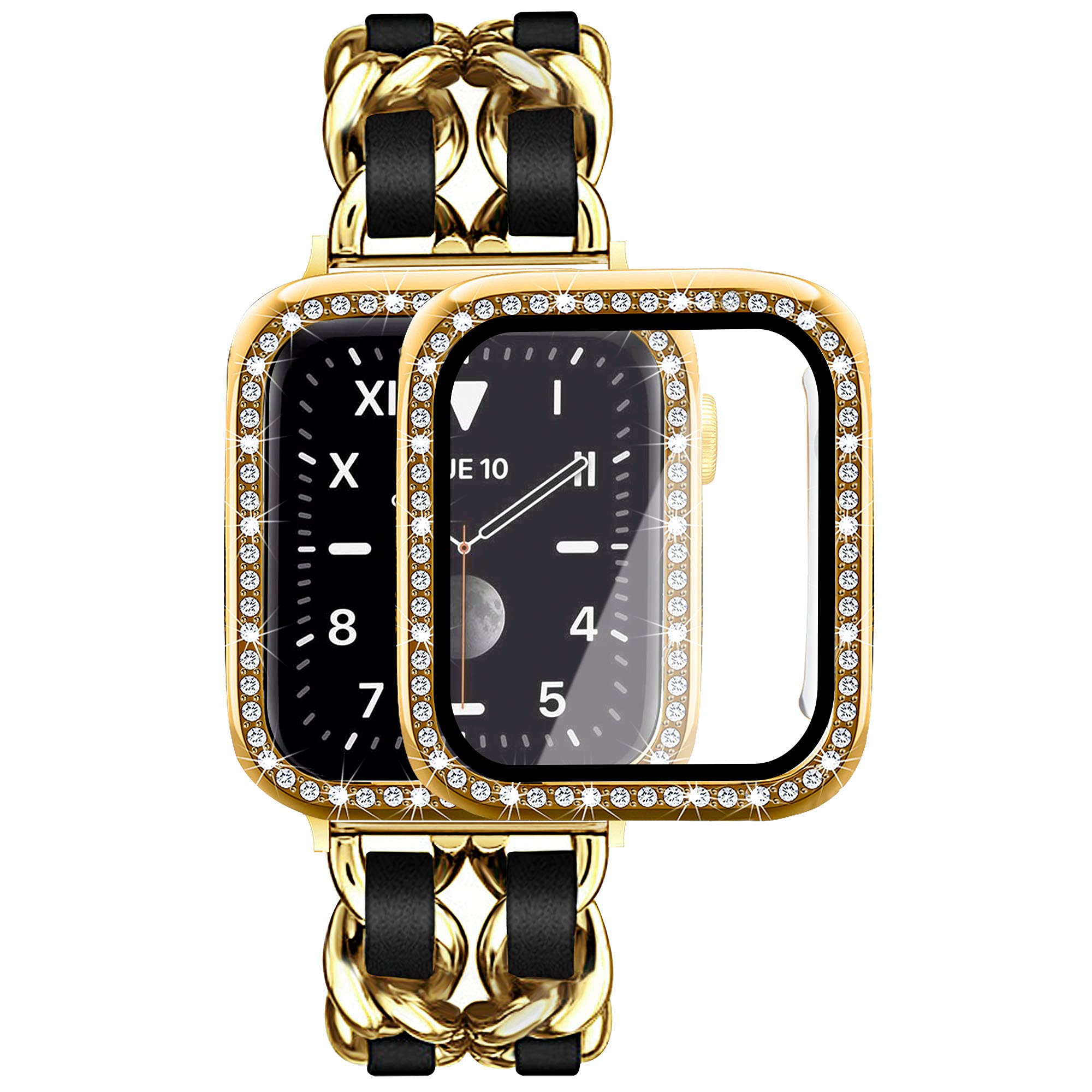 Mosonio Compatible for Apple Watch Band 42mm with Screen Protector Case Women, Jewelry Metal Chain with 2P Bling Case Cover for iWatch Series 11 10(Gold Link with Black Leather)
