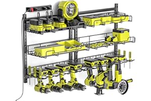 Amoowis Power Tool Organizer with Charging Station, 4 Outlet Power Strip, 5 Min Fast Assembly ＆ Max 35lb by Heavy Duty 2 Pack, 8 Slots for Drill Holder in Garage/Pegboard Suitable for Husband Birthday