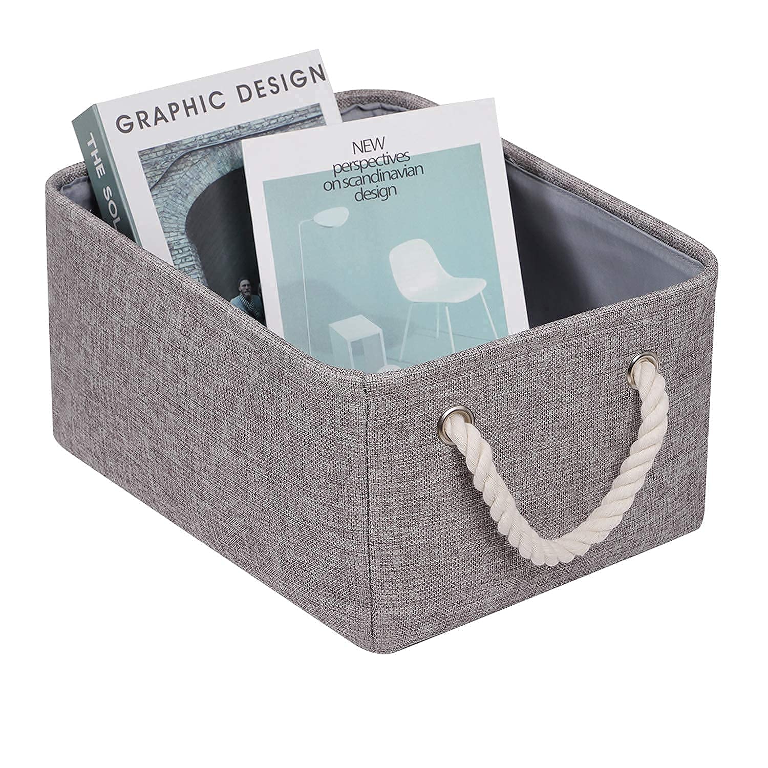 Jooli H Fabric Storage Box for Shelves, Foldable Storage Basket with Rope Handles Home Organizer for Toys, Clothes, Books, 36x26x18cm, Grey