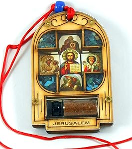 Small Wood Wall Car Hanging Hand Shape Traveler's Prayer Mary of Jerusalem, Jesus, Blessing with Cross Decor Wooden Russian Orthodox Christian Religious Plaque Lucky Charm Icon Gift made in the Holy land Earth and Water