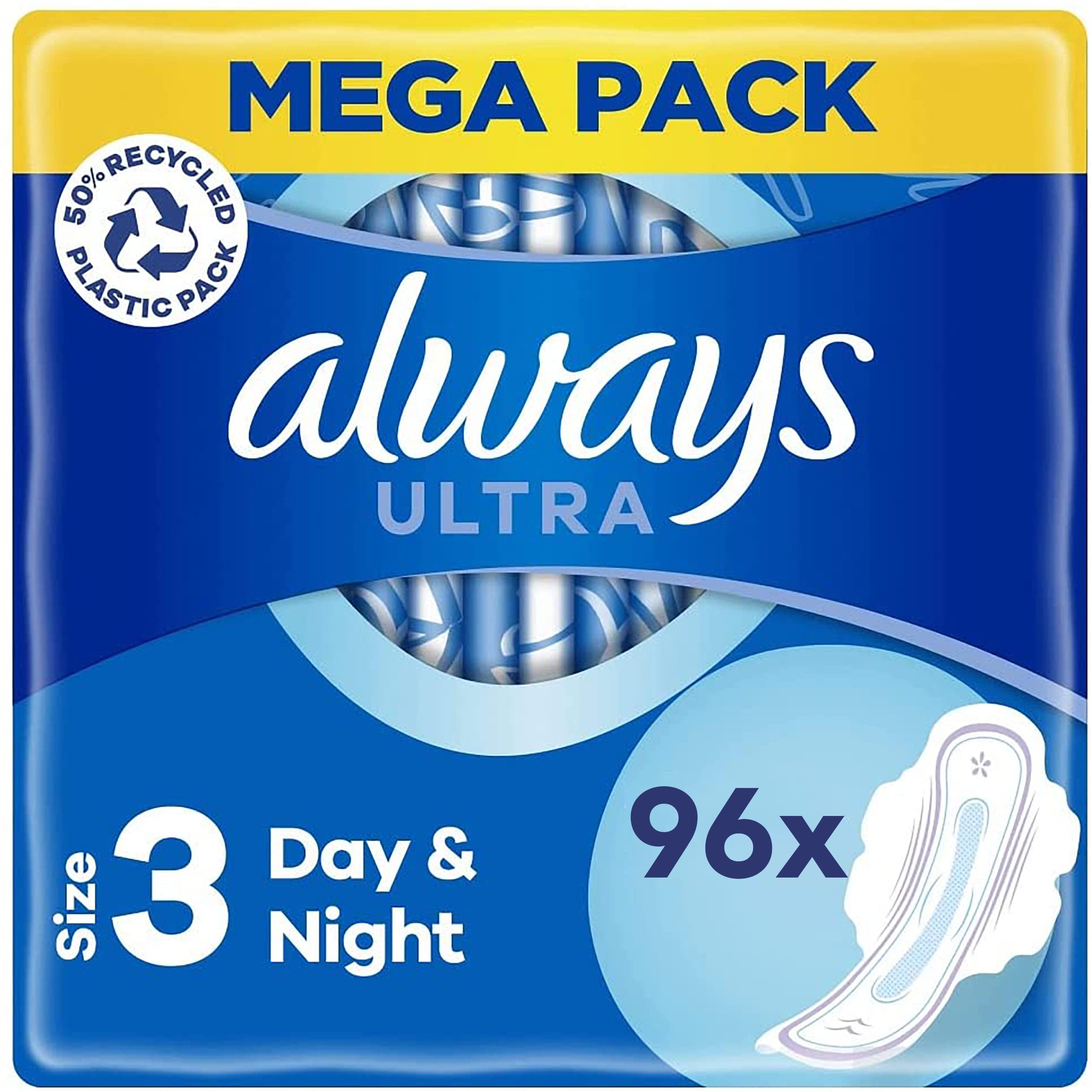 Always Ultra Night Day & Night Sanitary Towels with Wings, Size 3, 96 Towels (24 x 4 Packs), MEGA Pack, Odour Neutraliser, Super Absorbent Core