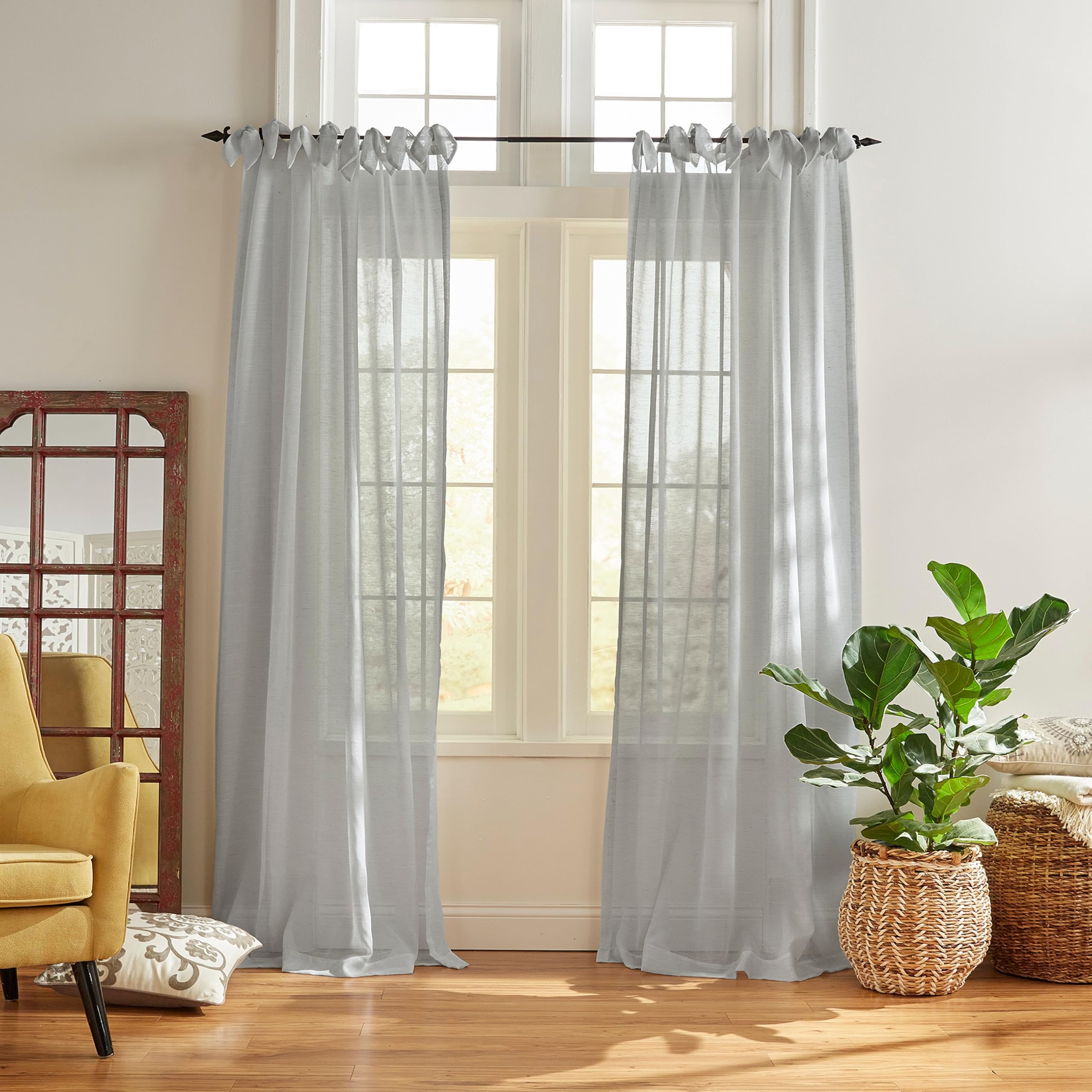 Elrene Home Fashions Cottagecore Tie-Top Sheer Window Curtain, Poly-Linen Blend, Dusty Blue, 52 in x 95 in (1 Panel) — image 1