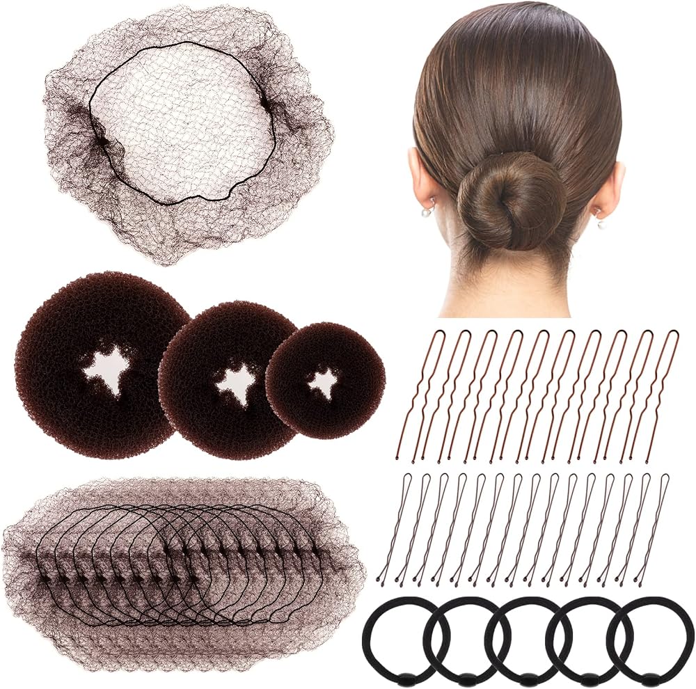 Tikplus 68PCS Hair Bun Maker Kit - Nets, Donuts, Pins, Bands - Brown Hair