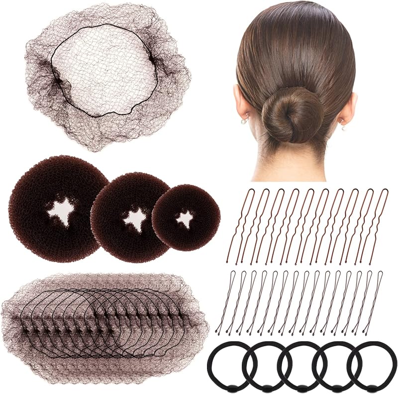 Tikplus 68PCS Hair Bun Maker Kit - Nets, Donuts, Pins, Bands - Brown Hair