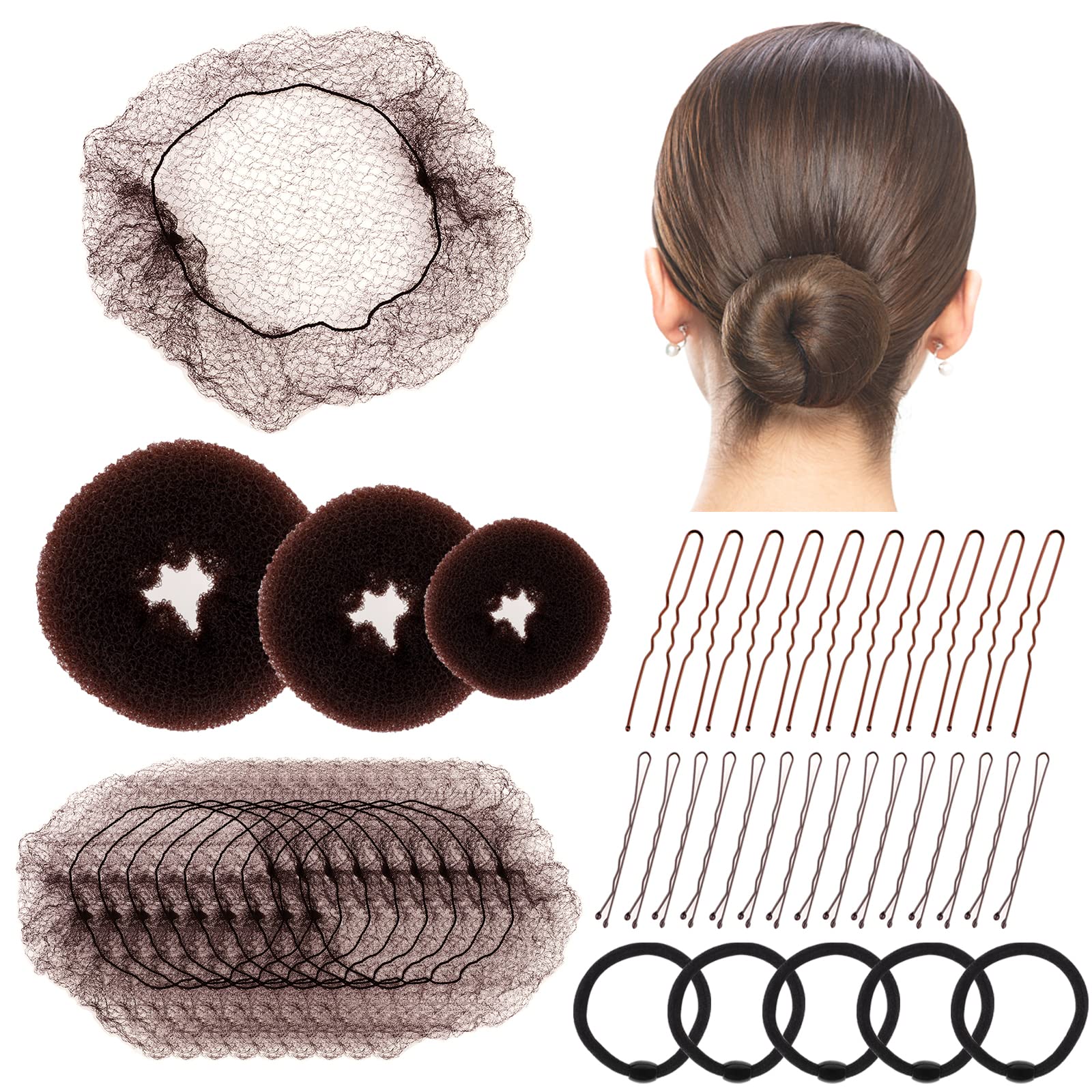 Hair Bun Net, 68PCS Easy Hair Styling Tools- Include Ballet Hair Nets, Hair Doughnut, U Shaped Hair Pins, Bobby Pins and Hair Bands, Hair Bun Maker, Brown Bun Rings for Women Girls Hair Accessories — image 1