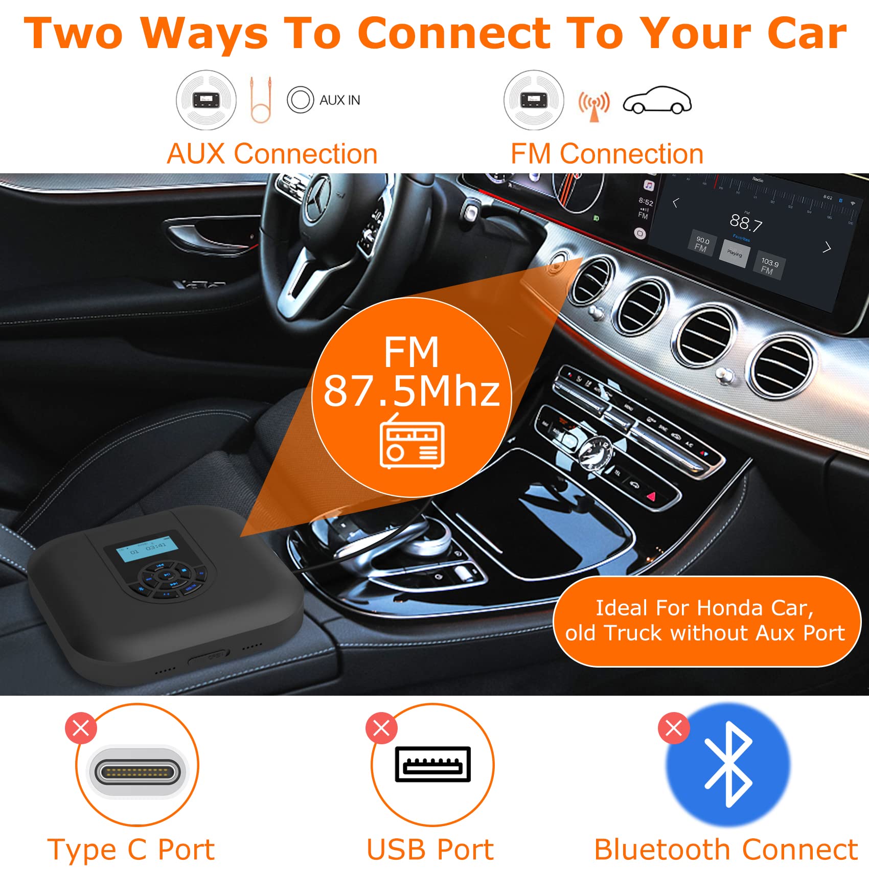CD Player Portable, MONODEAL Bluetooth CD Player with Speakers and FM Transmitter, Rechargeable 1800mAh Player for Car and Home with LED Screen