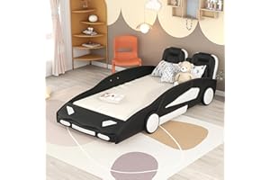 BEDGJH Twin Size Race Car-Shaped Platform Bed with Wheels car Bed for Boys (Black)
