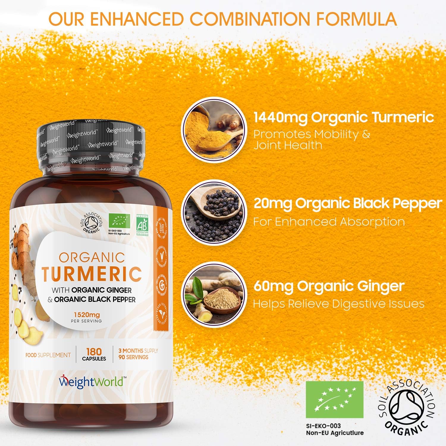 Organic Turmeric Capsules, 180 Capsules, with Organic Ginger & Black Pepper, Turmeric Supplement for Both Men & Women - Image 3