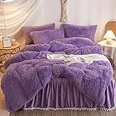 HAIHUA Faux Fur Purple Comforter Cover Queen Set, Soft Fuzzy Plush Purple Bedding Queen Set 3 Pieces (1 Furry Duvet Cover + 2 Fluffy Pillow Cases) Shaggy Bed Set, Zipper Closure