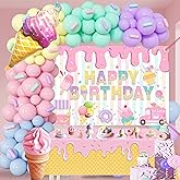 Ice Cream Themed Birthday Party Decorations for Girls,Balloon Garland Arch Kit with Happy Birthday Backdrop - Complete Party Supplies for Kids’ Sweet Celebration