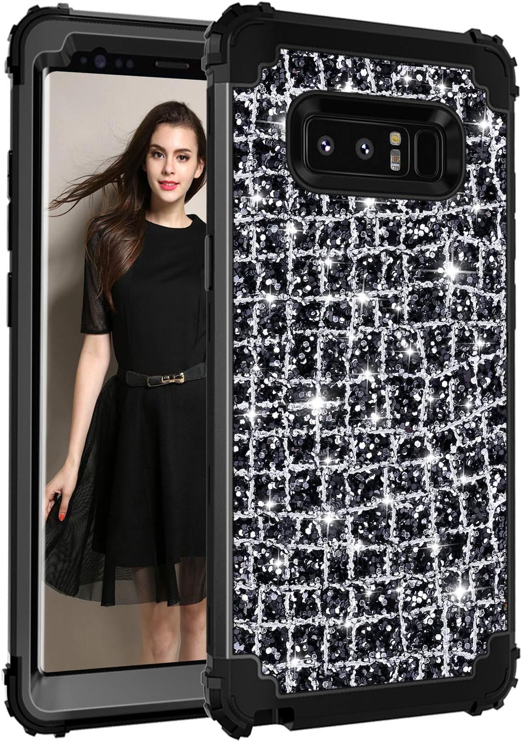 Hekodonk Compatible Galaxy Note 8 Case, 3D Luxury Sparkle Glitter Shiny Heavy Duty Shockproof Full-Body Protective Cover High Impact Hybrid Case for Samsung Galaxy Note 8 - Bling Black