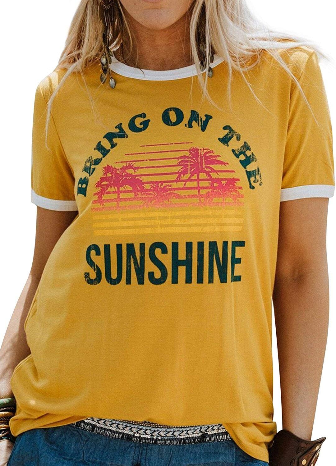 Bring On The Sunshine T-Shirt Top Women's Casual Short Sleeve Letter Print Tees Blouse