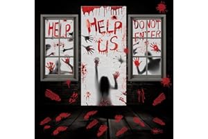 CH HAICHENG Bloody Halloween Decorations Door Cover Window Posters, Includes 1PCS Halloween Door Cover 2 PCS Halloween Window Posters and 3 Sheet Bloody Footprints Floor Clings for Halloween Decor
