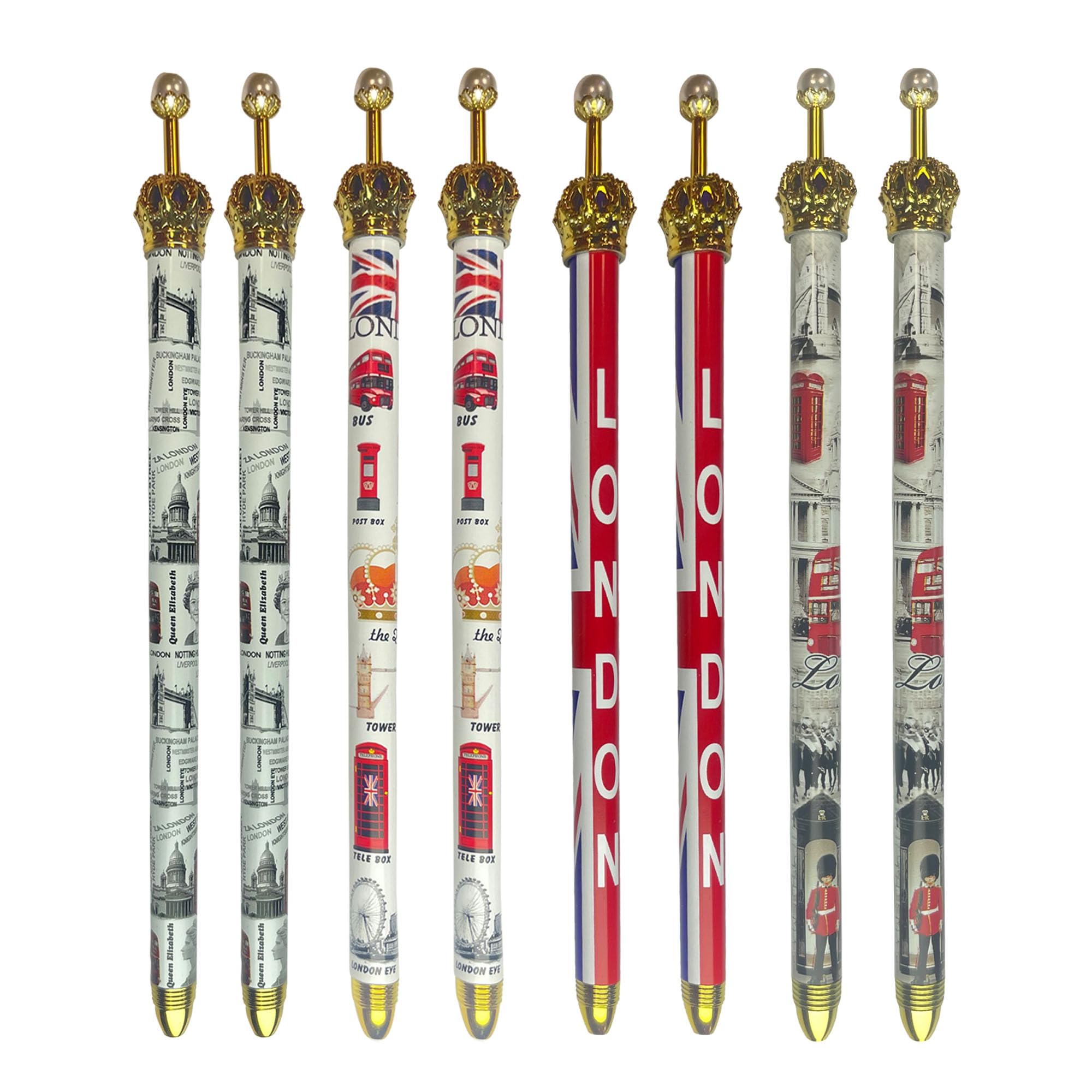 LILAJ Set of 8 Pens with Golden Crown and White Clickable Pearl – Featuring Royal Guard, Red Telephone Box, Union Jack, Red Bus – Iconic London Landmarks Gift – Perfect Collectible British Souvenir